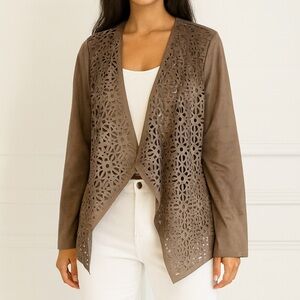 Chico's Brown Suede like Cardigan with Intricate Pattern
